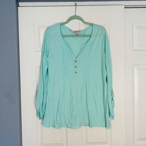 Lilly Pulitzer Mint Green Pintuck Roll Tab Sleeve Henley Knit Top, size Large.